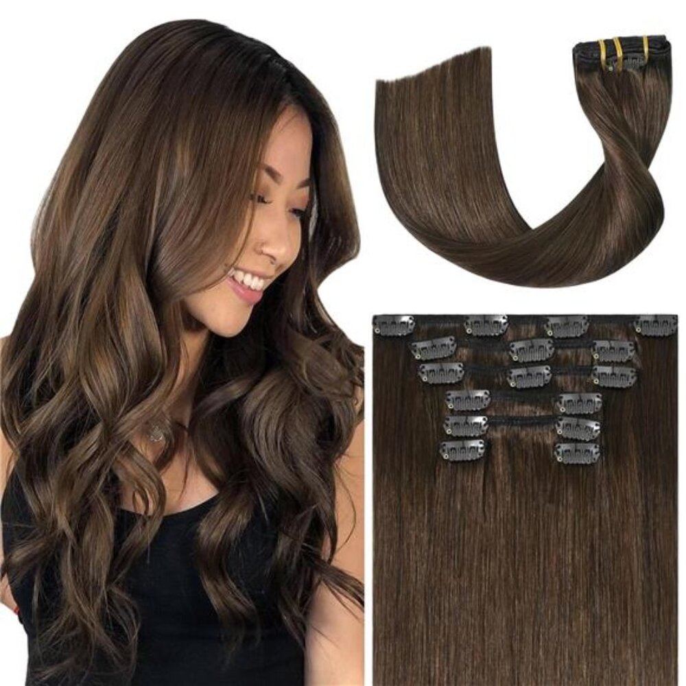 Brown Hair Extensions Real Human Hair, 18 Inch 75g 7pcs Medium Brown Clip